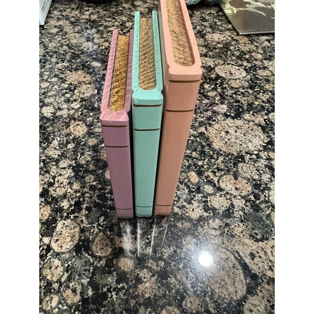 Pastel Wooden Book Stack Decorative Blocks Lavender Mint Peach Gold Accents 3pc